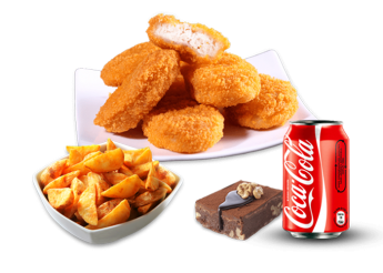 8 Wings ou 8 nuggets<br>
+ Potatoes<br>
+ 1 Dessert au choix<br>
+ 1 Boisson 33cl au choix.