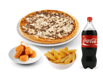 1 Pizza familiale au choix<br>
+ 12 Wings ou 12 nuggets<br>
+  Potatoes<br>
+ 1 Maxi coca cola 1.25l.