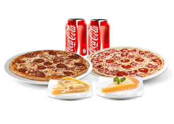 2 Pizzas super au choix<br>
+ 2 Desserts au choix<br>
+ 2 Coca cola 33cl.