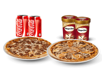 2 Pizzas junior au choix<br>
+ 2 Glaces 100ml<br>
+ 2 Coca cola 33cl. 