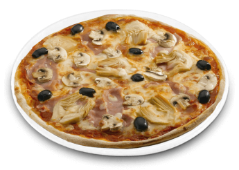 Tomate, fromage, jambon, champignons, artichauts, olives