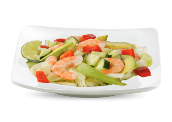 Salade verte, tomates, crevettes, avocat<br>
Servie avec petit pain et sauce vinaigrette.