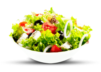 Salade verte, tomates, concombre, fromage de chèvre<br>
Servie avec petit pain et sauce vinaigrette. 